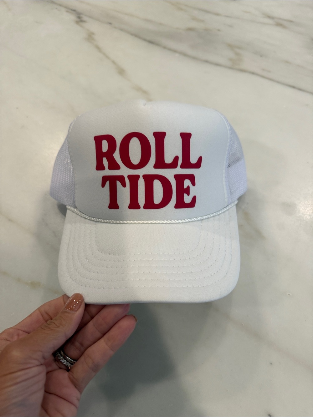 White 'ROLL TIDE' Trucker Hat in Red Lettering